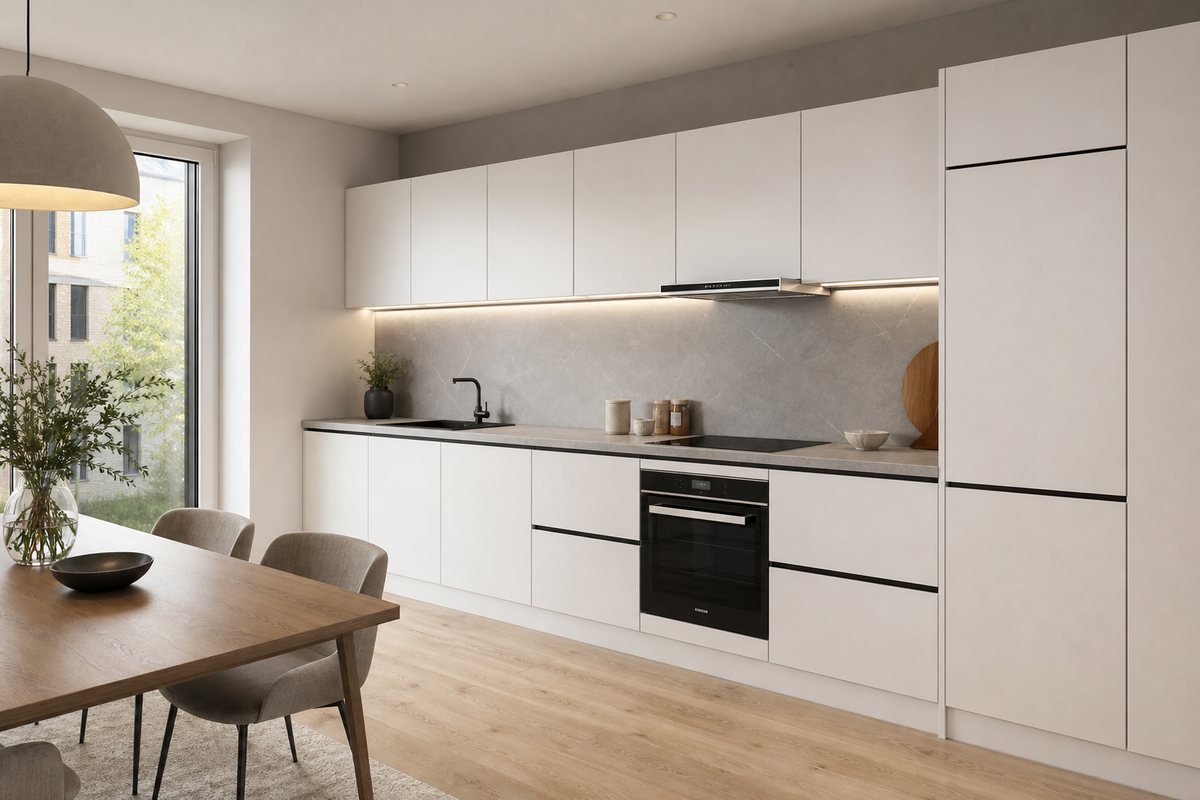 AI render kuchyně: matná bílá rovná linka