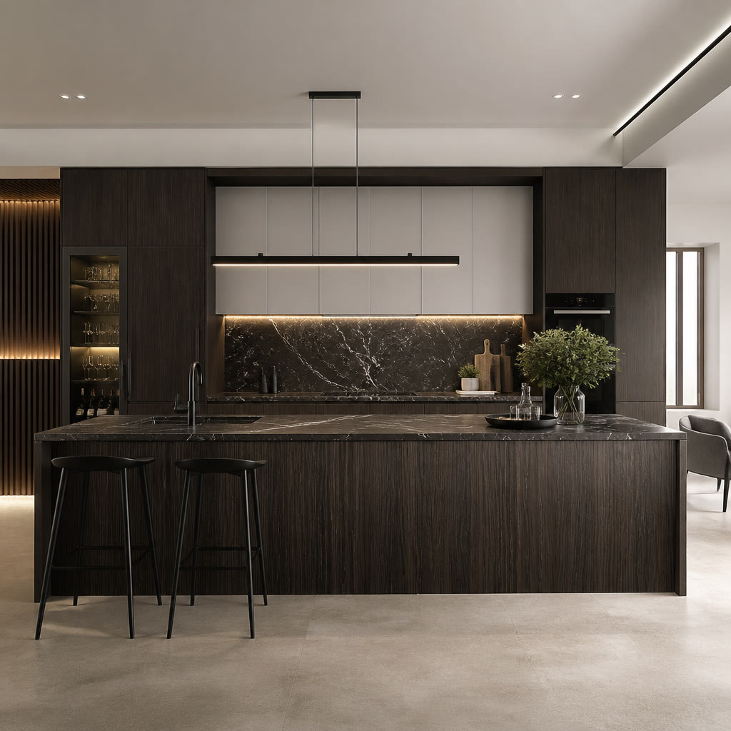 Kitchen designed by KitchenSnap — dark walnut and marble